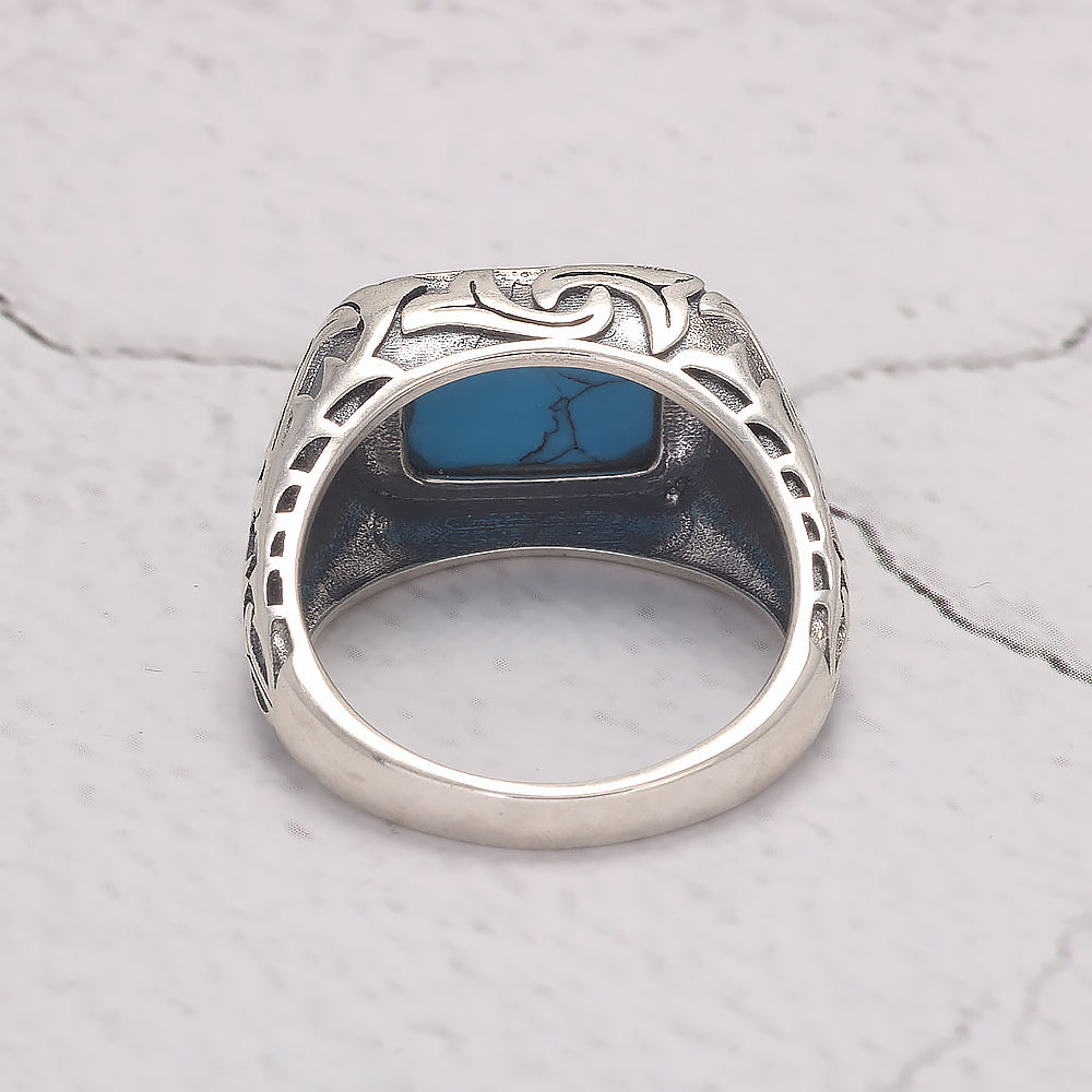 RogJewerly Vintage Gemstone Silver Turkish Rings for Men Natural Blue Crystal Stone/Turquoise Engraved 925 Sterling Silver Retro Signet Biker Band Jewelry Gift for Him
