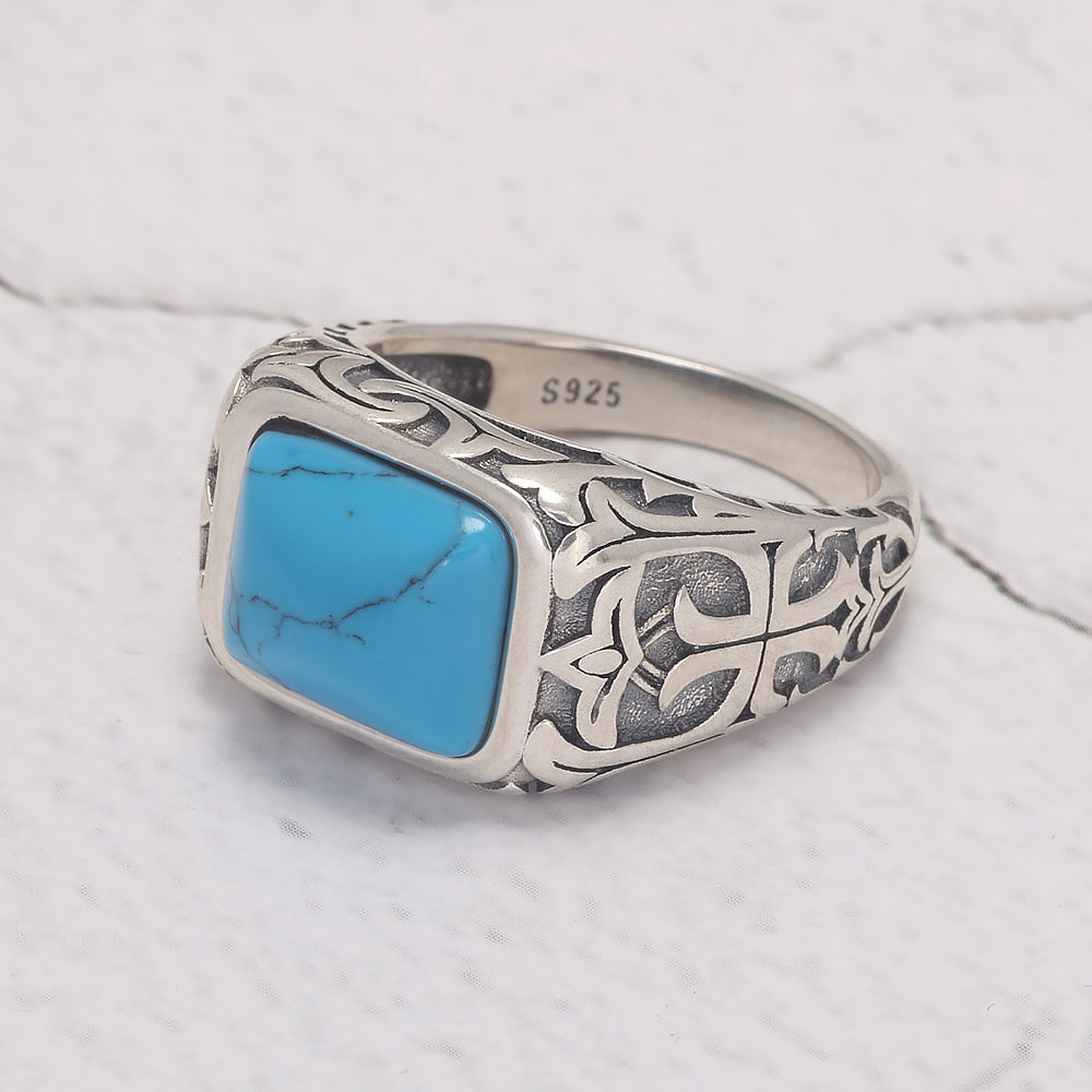 RogJewerly Vintage Gemstone Silver Turkish Rings for Men Natural Blue Crystal Stone/Turquoise Engraved 925 Sterling Silver Retro Signet Biker Band Jewelry Gift for Him
