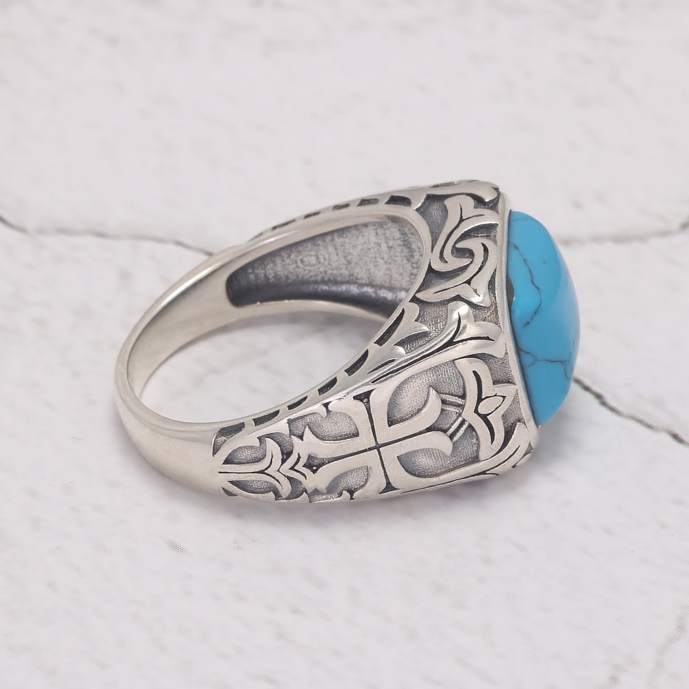 RogJewerly Vintage Gemstone Silver Turkish Rings for Men Natural Blue Crystal Stone/Turquoise Engraved 925 Sterling Silver Retro Signet Biker Band Jewelry Gift for Him