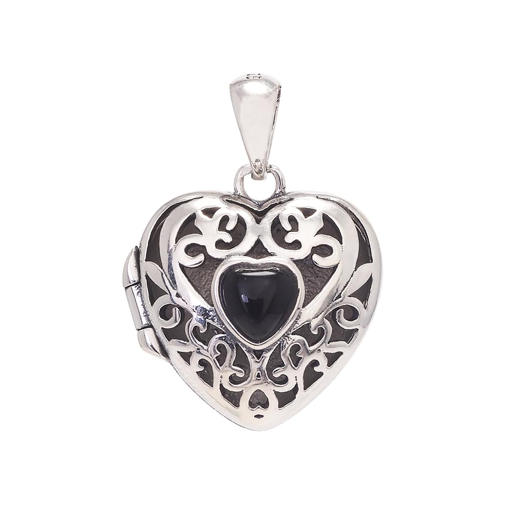 RogJewelry 925 Sterling Silver Antique Heart Shaped Locket Pendant with Natural Agate Photo Lockets that Hold Picture Aromatherapy Jewerly