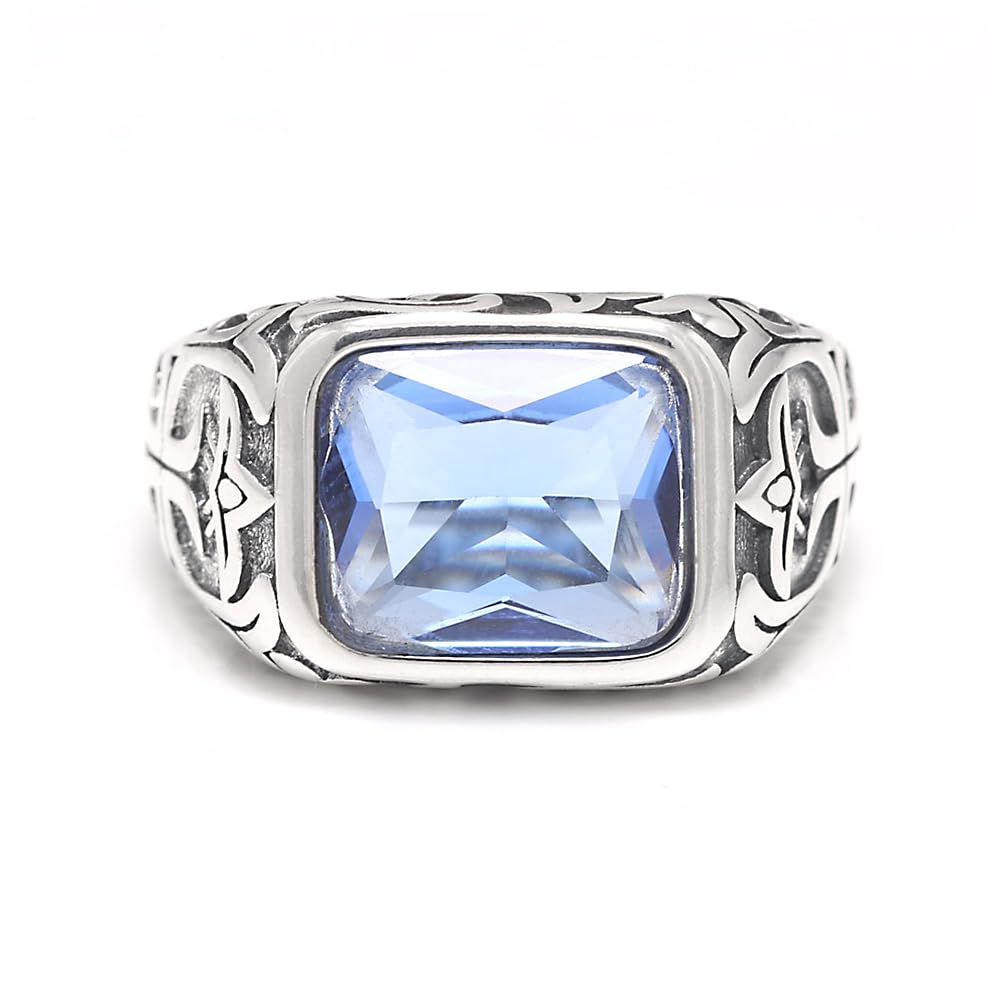 RogJewerly Vintage Gemstone Silver Turkish Rings for Men Natural Blue Crystal Stone/Turquoise Engraved 925 Sterling Silver Retro Signet Biker Band Jewelry Gift for Him