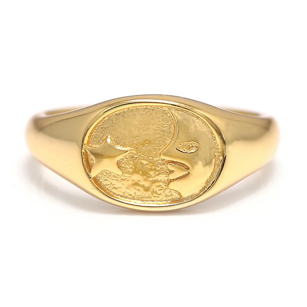RogJewelry 14k Gold Plated Simple Moon Star Symbol Dainty Rings for Women Men Pinky Signet Ring in 925 Sterling Silver