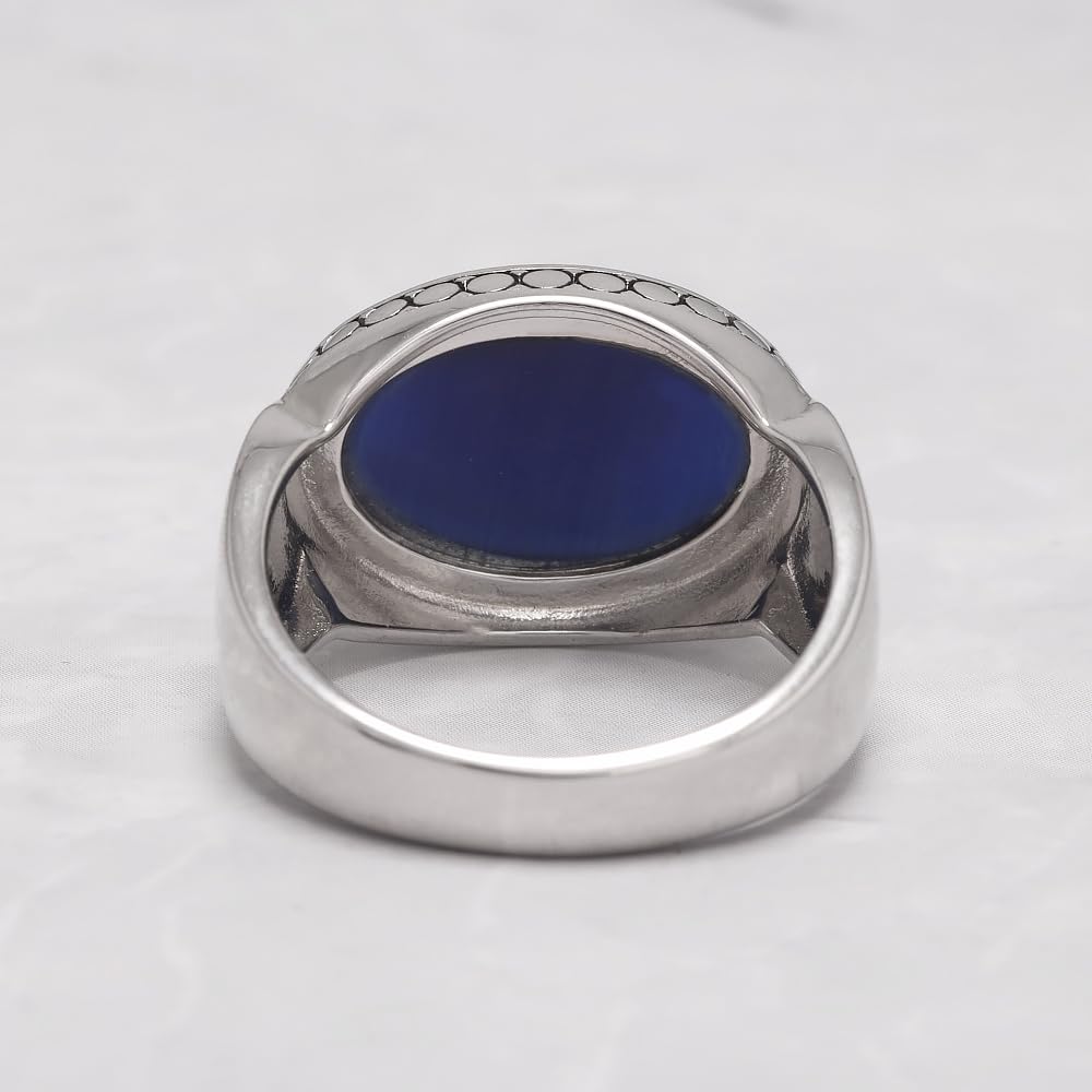 RogJewelry Solid 925 Silver Blue Statement Ring with Large Blue Tiger Eye Stone for Men Oval Natural Gemstone Jewelry Birthday Gift
