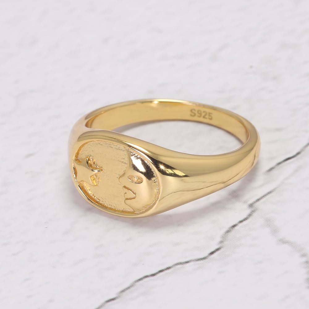 RogJewelry 14k Gold Plated Simple Moon Star Symbol Dainty Rings for Women Men Pinky Signet Ring in 925 Sterling Silver
