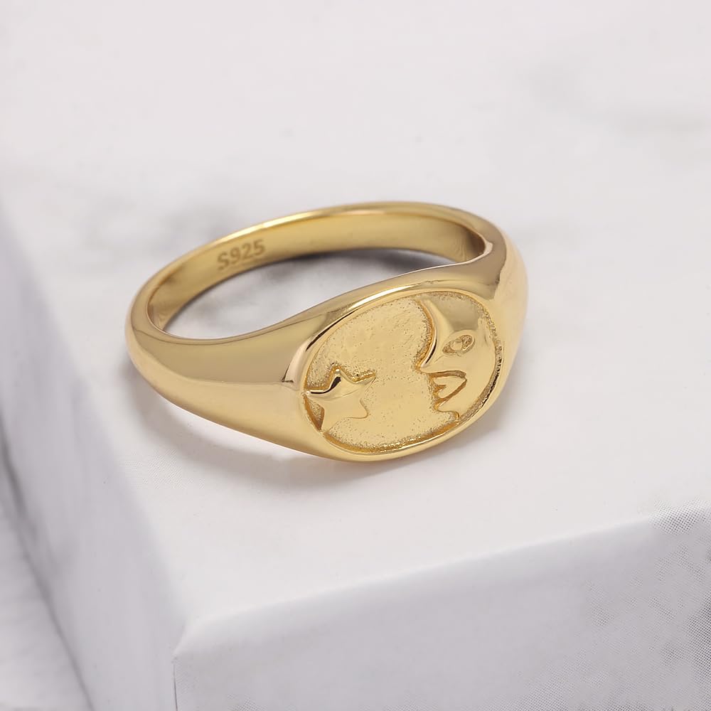 RogJewelry 14k Gold Plated Simple Moon Star Symbol Dainty Rings for Women Men Pinky Signet Ring in 925 Sterling Silver