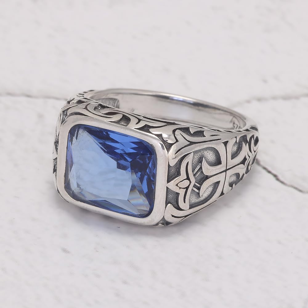 RogJewerly Vintage Gemstone Silver Turkish Rings for Men Natural Blue Crystal Stone/Turquoise Engraved 925 Sterling Silver Retro Signet Biker Band Jewelry Gift for Him