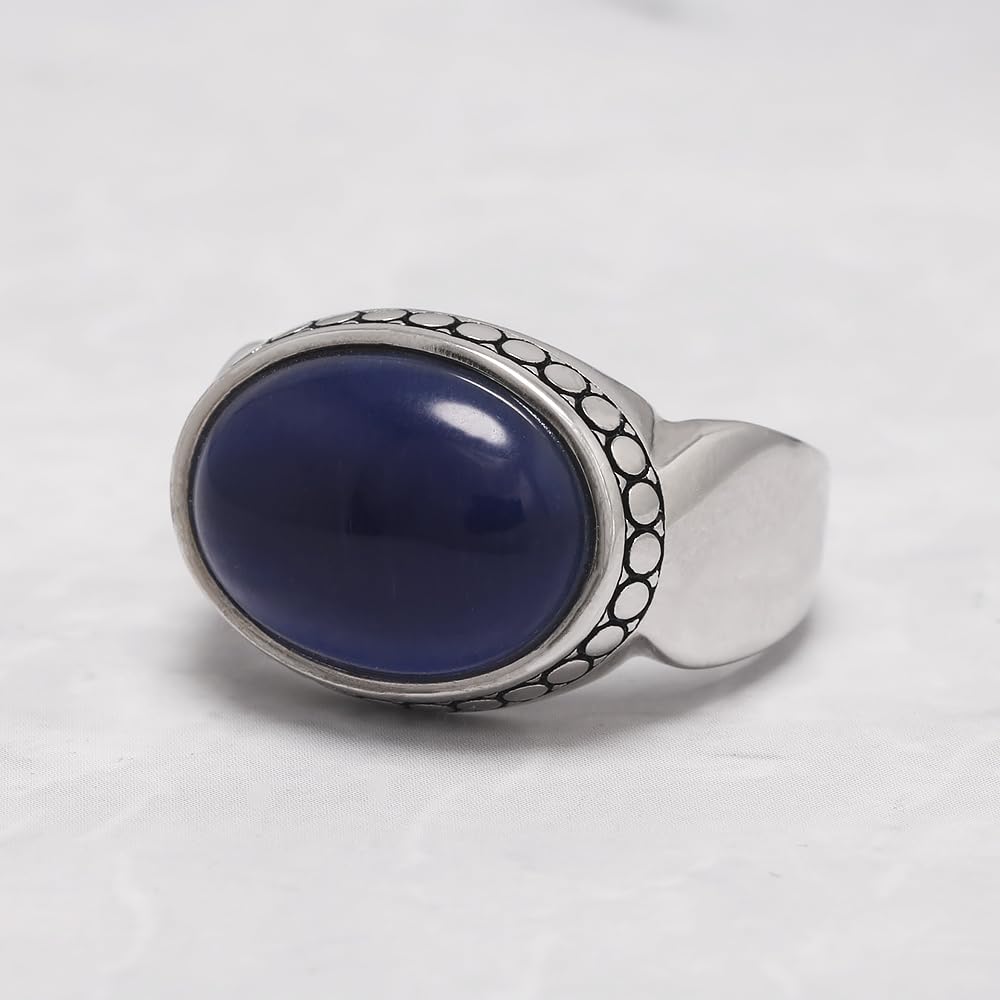 RogJewelry Solid 925 Silver Blue Statement Ring with Large Blue Tiger Eye Stone for Men Oval Natural Gemstone Jewelry Birthday Gift