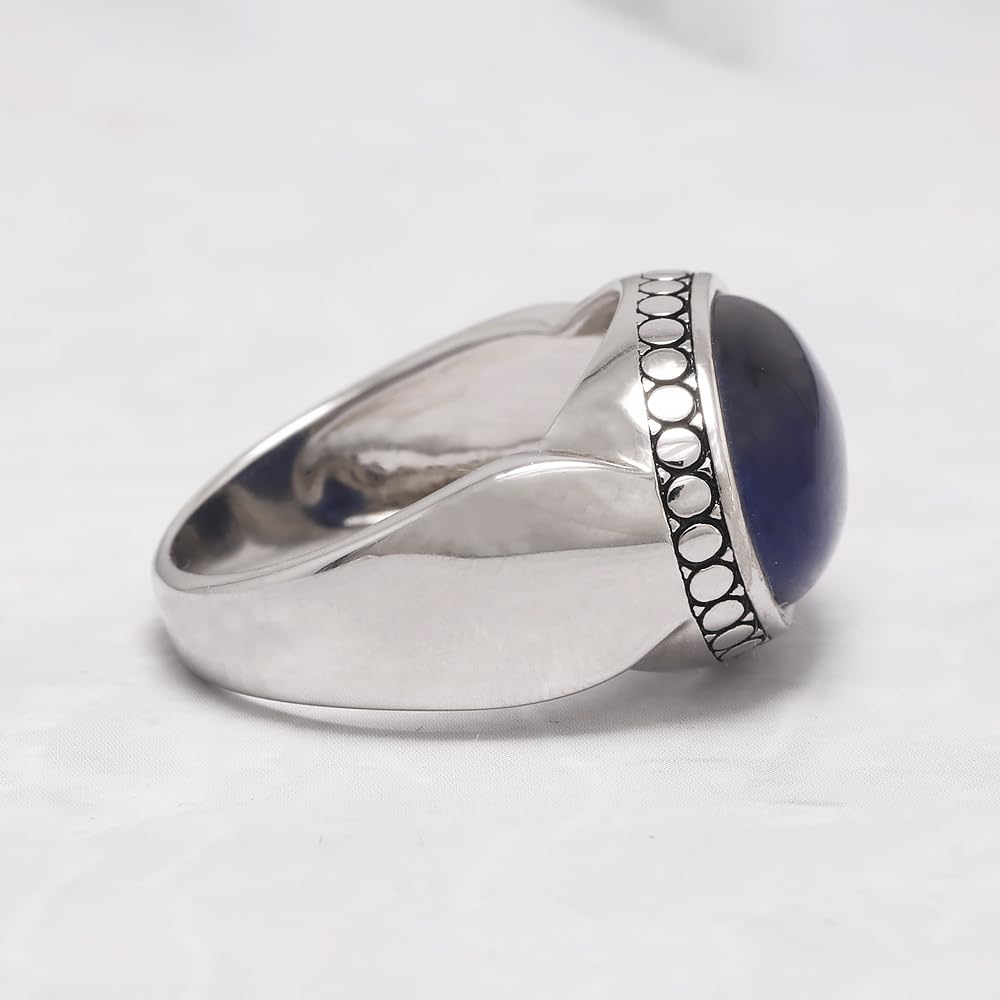 RogJewelry Solid 925 Silver Blue Statement Ring with Large Blue Tiger Eye Stone for Men Oval Natural Gemstone Jewelry Birthday Gift