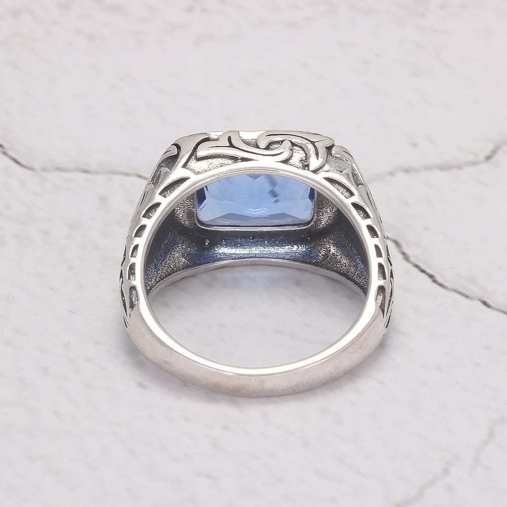 RogJewerly Vintage Gemstone Silver Turkish Rings for Men Natural Blue Crystal Stone/Turquoise Engraved 925 Sterling Silver Retro Signet Biker Band Jewelry Gift for Him