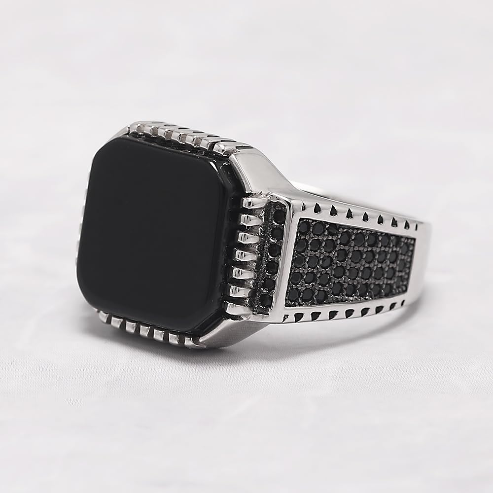 RogJewelry Square Natural Black Onyx Stone Ring in Sterling Silver Turkish Ring Black Band With Stone Male Jewelry Gift for Him