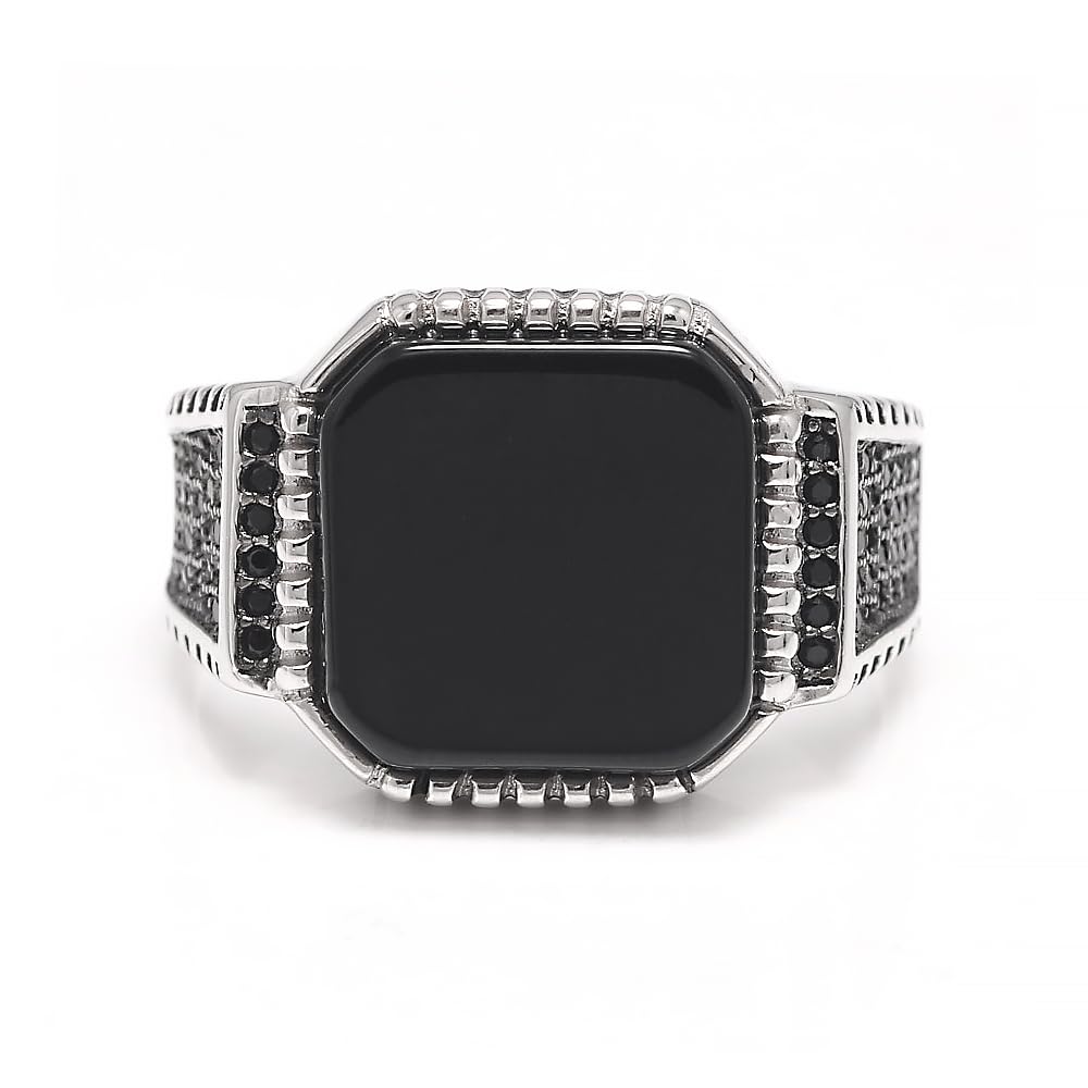 RogJewelry Square Natural Black Onyx Stone Ring in Sterling Silver Turkish Ring Black Band With Stone Male Jewelry Gift for Him