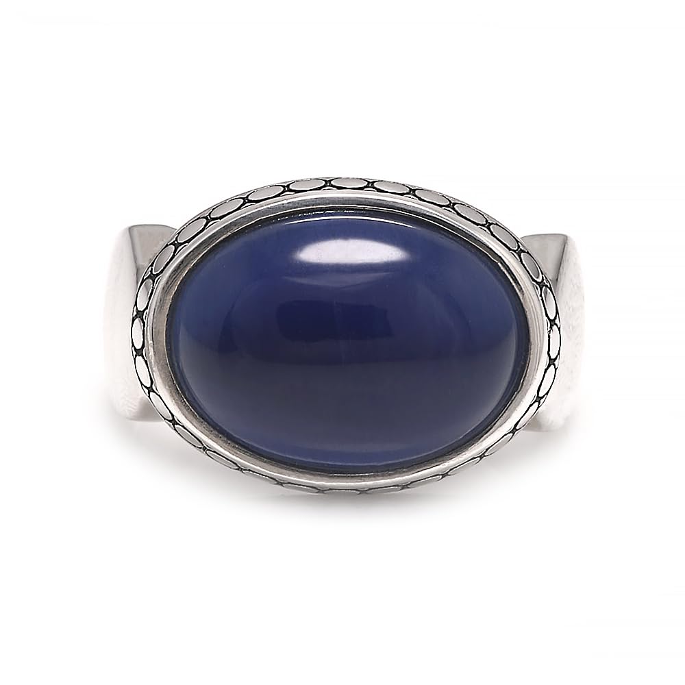 RogJewelry Solid 925 Silver Blue Statement Ring with Large Blue Tiger Eye Stone for Men Oval Natural Gemstone Jewelry Birthday Gift