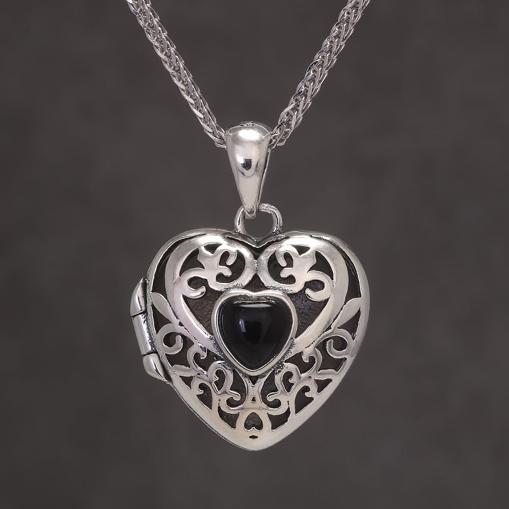 RogJewelry 925 Sterling Silver Antique Heart Shaped Locket Pendant with Natural Agate Photo Lockets that Hold Picture Aromatherapy Jewerly
