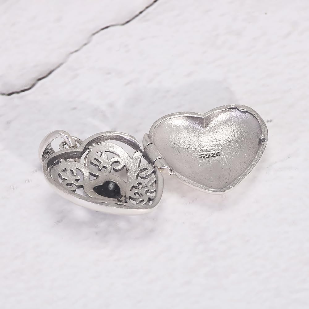 RogJewelry 925 Sterling Silver Antique Heart Shaped Locket Pendant with Natural Agate Photo Lockets that Hold Picture Aromatherapy Jewerly
