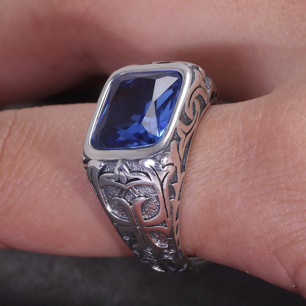 RogJewerly Vintage Gemstone Silver Turkish Rings for Men Natural Blue Crystal Stone/Turquoise Engraved 925 Sterling Silver Retro Signet Biker Band Jewelry Gift for Him