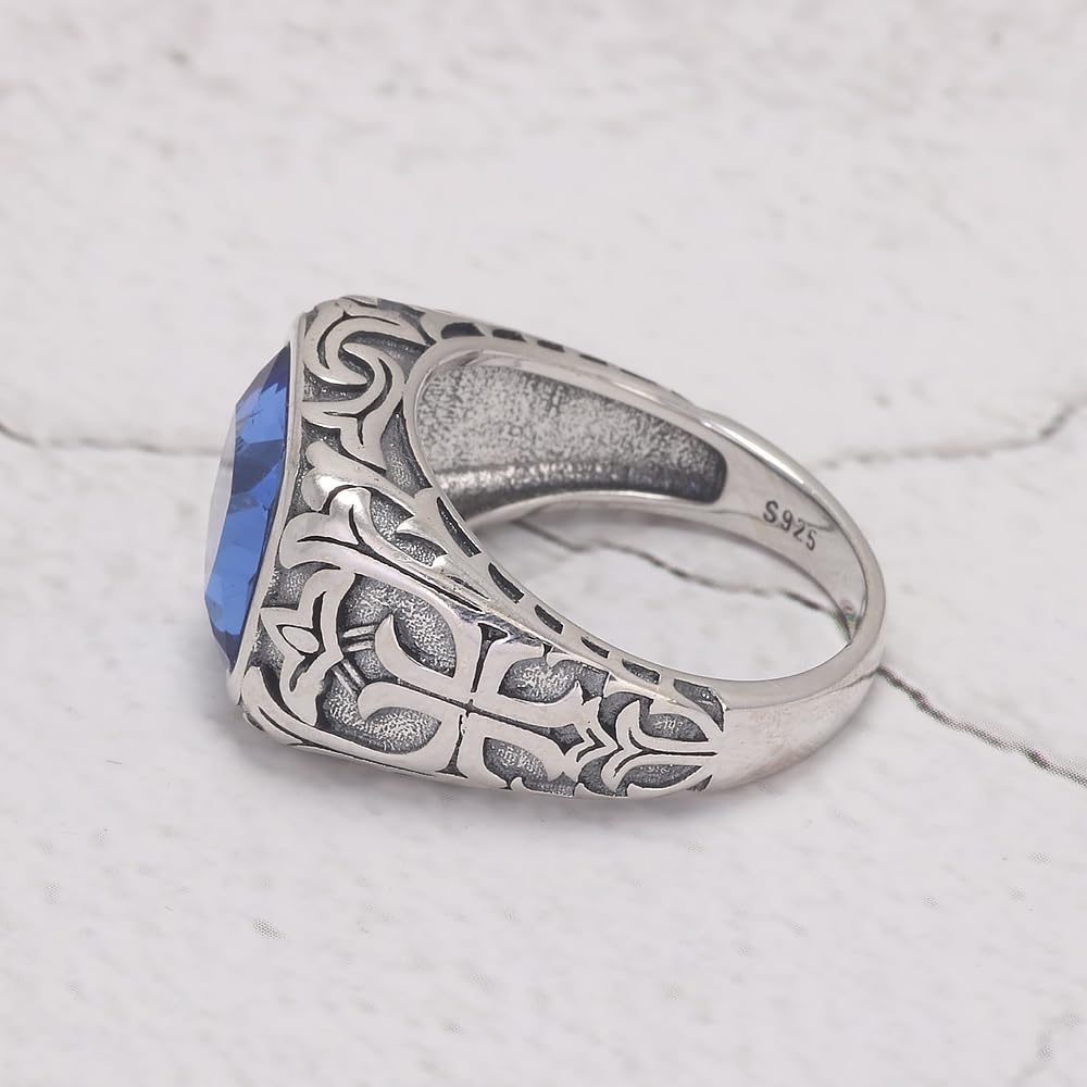 RogJewerly Vintage Gemstone Silver Turkish Rings for Men Natural Blue Crystal Stone/Turquoise Engraved 925 Sterling Silver Retro Signet Biker Band Jewelry Gift for Him