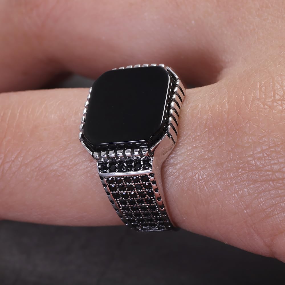 RogJewelry Square Natural Black Onyx Stone Ring in Sterling Silver Turkish Ring Black Band With Stone Male Jewelry Gift for Him