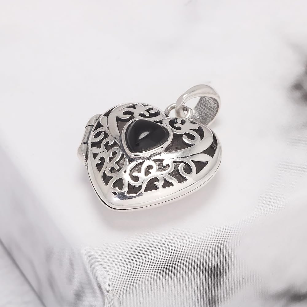 RogJewelry 925 Sterling Silver Antique Heart Shaped Locket Pendant with Natural Agate Photo Lockets that Hold Picture Aromatherapy Jewerly