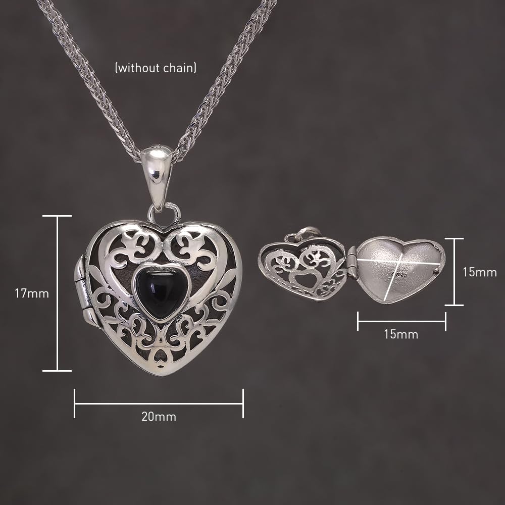 RogJewelry 925 Sterling Silver Antique Heart Shaped Locket Pendant with Natural Agate Photo Lockets that Hold Picture Aromatherapy Jewerly