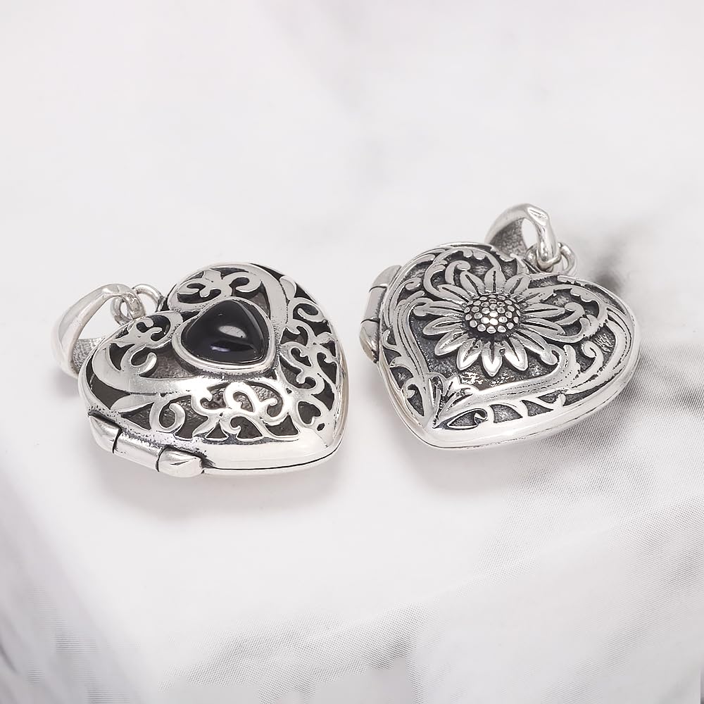 RogJewelry 925 Sterling Silver Antique Heart Shaped Locket Pendant with Natural Agate Photo Lockets that Hold Picture Aromatherapy Jewerly