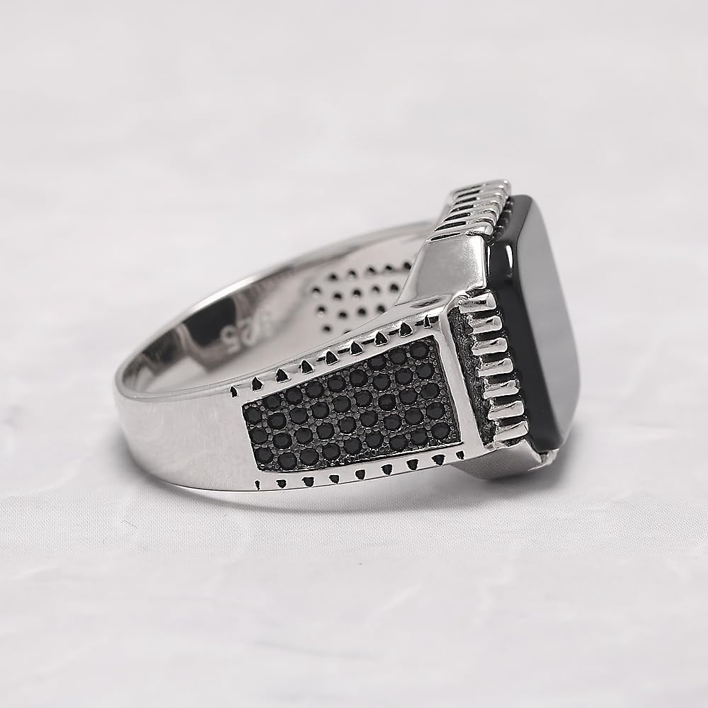 RogJewelry Square Natural Black Onyx Stone Ring in Sterling Silver Turkish Ring Black Band With Stone Male Jewelry Gift for Him