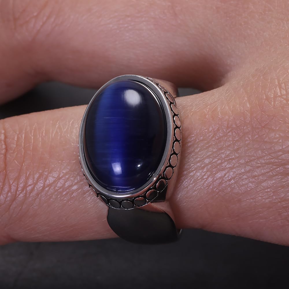 RogJewelry Solid 925 Silver Blue Statement Ring with Large Blue Tiger Eye Stone for Men Oval Natural Gemstone Jewelry Birthday Gift