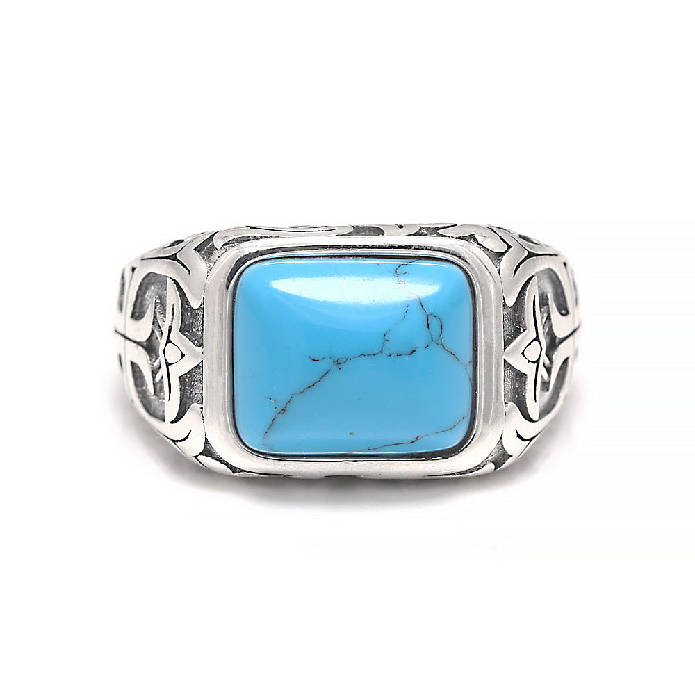 RogJewerly Vintage Gemstone Silver Turkish Rings for Men Natural Blue Crystal Stone/Turquoise Engraved 925 Sterling Silver Retro Signet Biker Band Jewelry Gift for Him