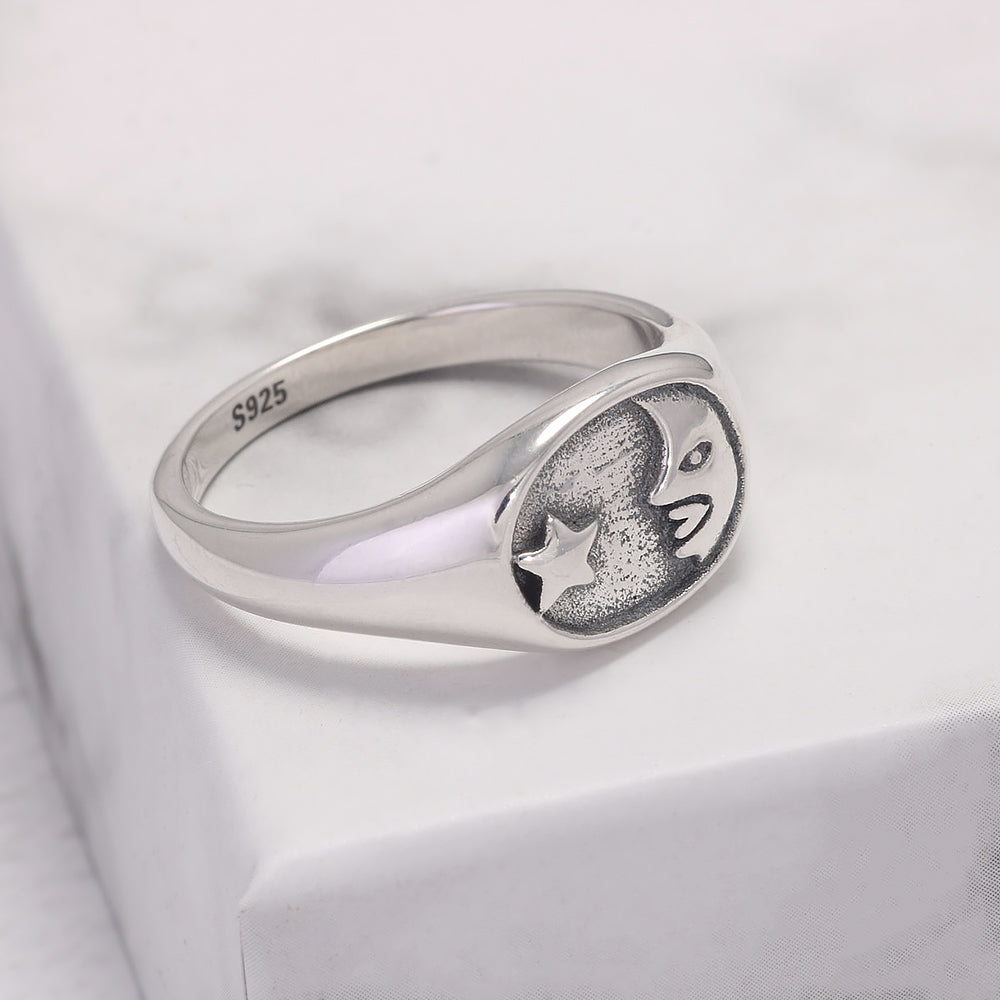RogJewelry 14k Gold Plated Simple Moon Star Symbol Dainty Rings for Women Men Pinky Signet Ring in 925 Sterling Silver