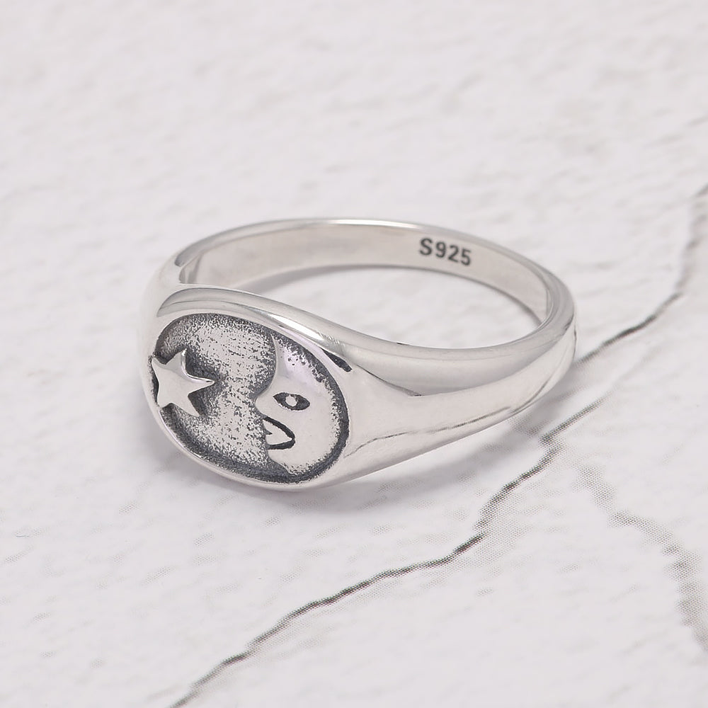 RogJewelry 14k Gold Plated Simple Moon Star Symbol Dainty Rings for Women Men Pinky Signet Ring in 925 Sterling Silver