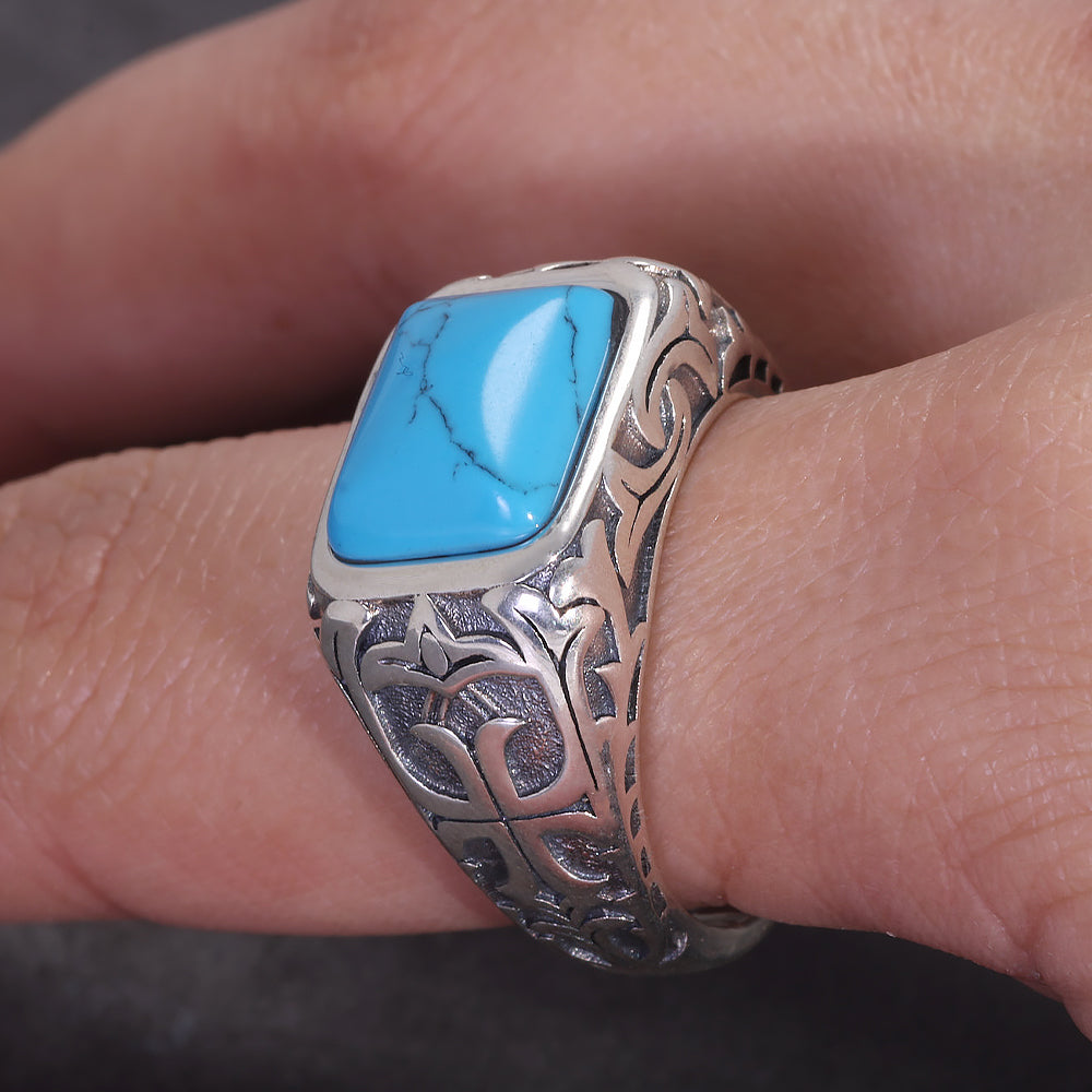 RogJewerly Vintage Gemstone Silver Turkish Rings for Men Natural Blue Crystal Stone/Turquoise Engraved 925 Sterling Silver Retro Signet Biker Band Jewelry Gift for Him