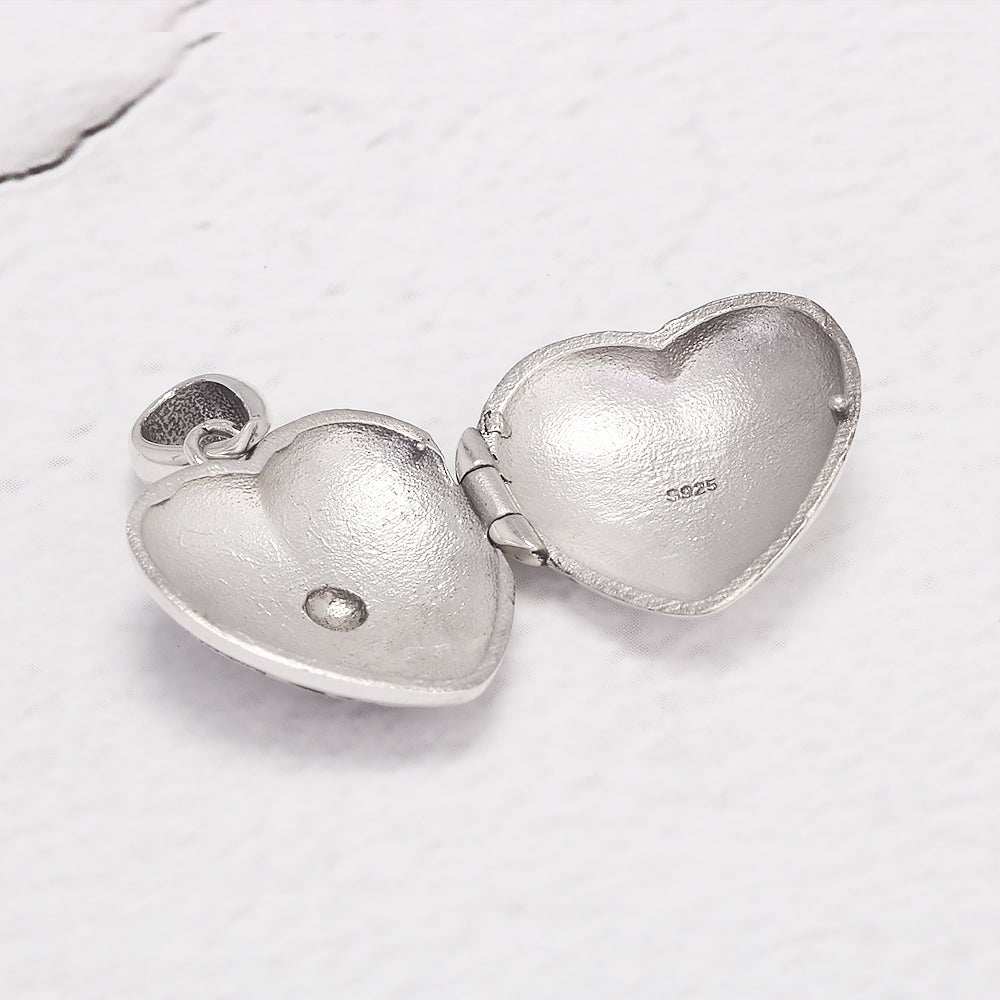 RogJewelry 925 Sterling Silver Antique Heart Shaped Locket Pendant with Natural Agate Photo Lockets that Hold Picture Aromatherapy Jewerly