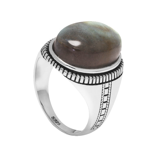 RogJewelry 925 Sterling Silver Male Ring Genuine Oval Labradorite Ring Men's Gemstone Ring for Dad Father Size 7-13