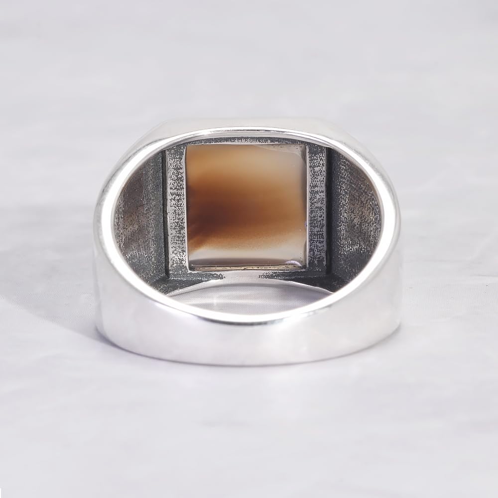 RogJewerly 925 Sterling Silver Agate Stone Ring for Men Square Natural Agate Original Color Turkish Rings Statement Chunky Rings Male Jewelry