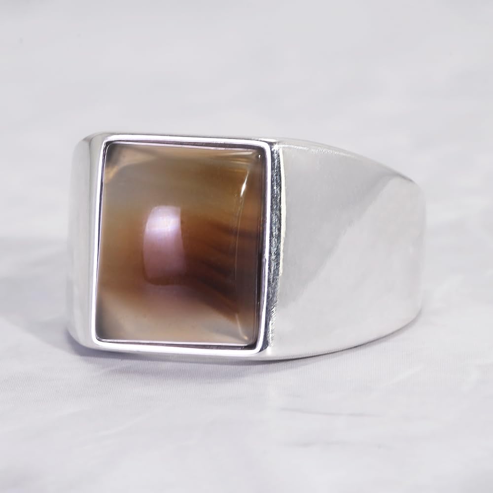 RogJewerly 925 Sterling Silver Agate Stone Ring for Men Square Natural Agate Original Color Turkish Rings Statement Chunky Rings Male Jewelry