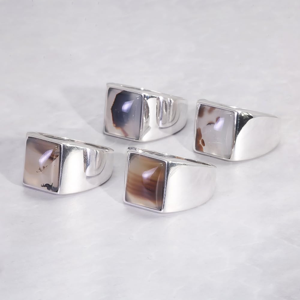 RogJewerly 925 Sterling Silver Agate Stone Ring for Men Square Natural Agate Original Color Turkish Rings Statement Chunky Rings Male Jewelry