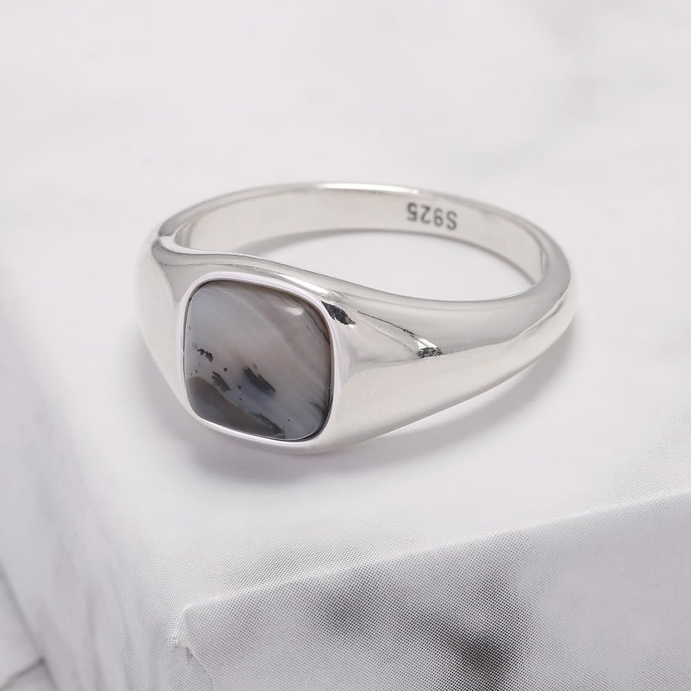 RogJewelry 925 Sterling Silver Signet Rings Square Natural Agate Gemstone Pinky Ring Gold/Silver Handmade Unisex Ring for Men and Women