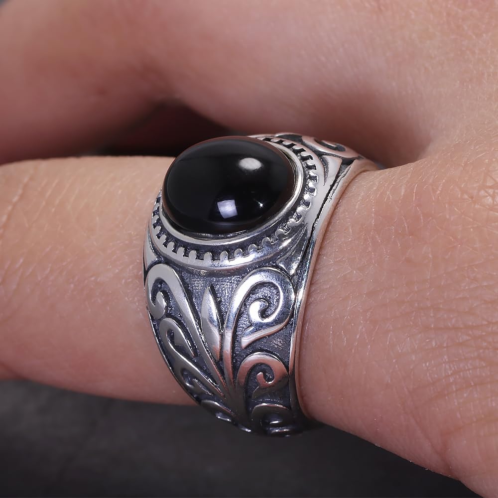 RogJewelry Handmade Natural Black Onyx/Red Garnet Stone Turkish Rings for Men Pure 925 Silver Engraved Flower Vintage Cool Style Jewelry