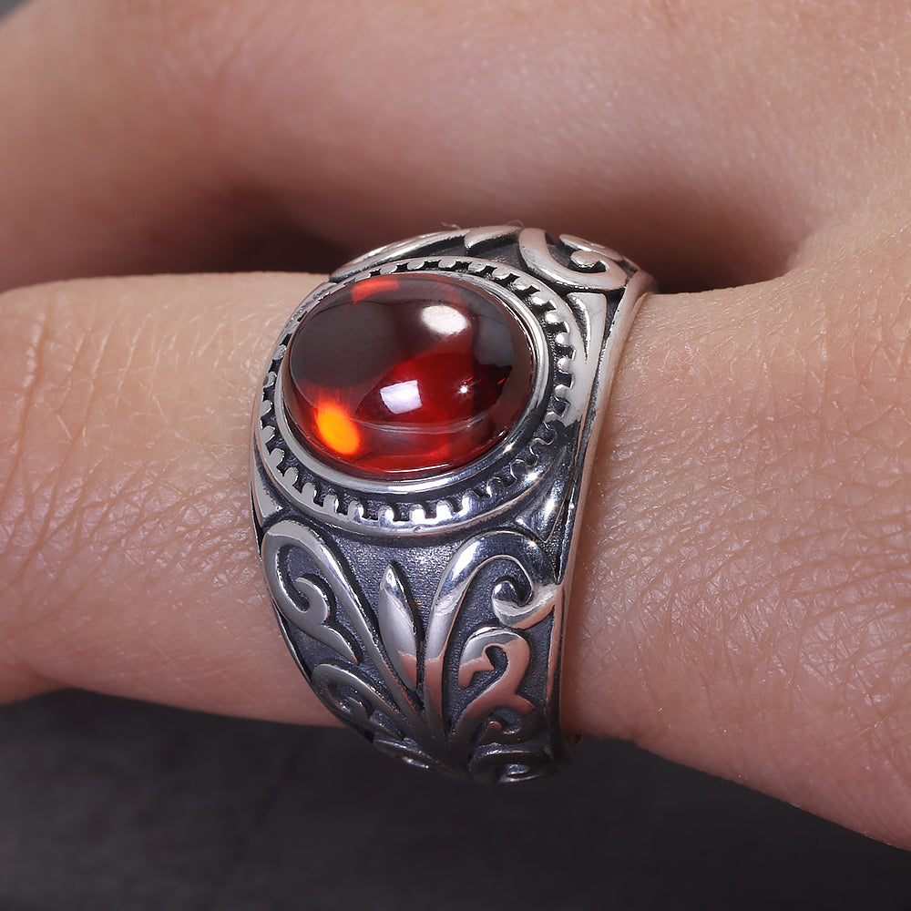 RogJewelry Handmade Natural Black Onyx/Red Garnet Stone Turkish Rings for Men Pure 925 Silver Engraved Flower Vintage Cool Style Jewelry